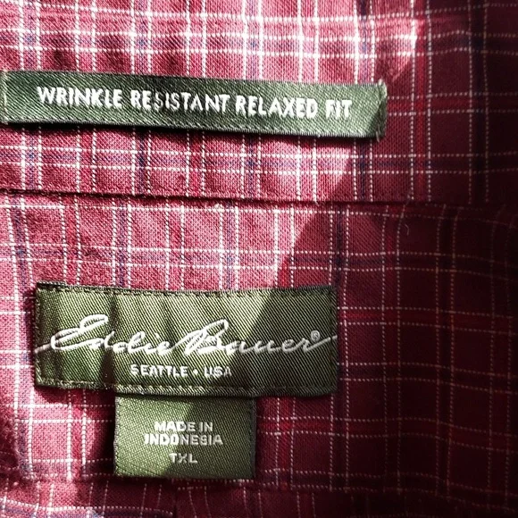 *Eddie Bauer Men's Burgundy Red with Black and Cream Checkered Shirt Size TXL - Picture 7 of 10